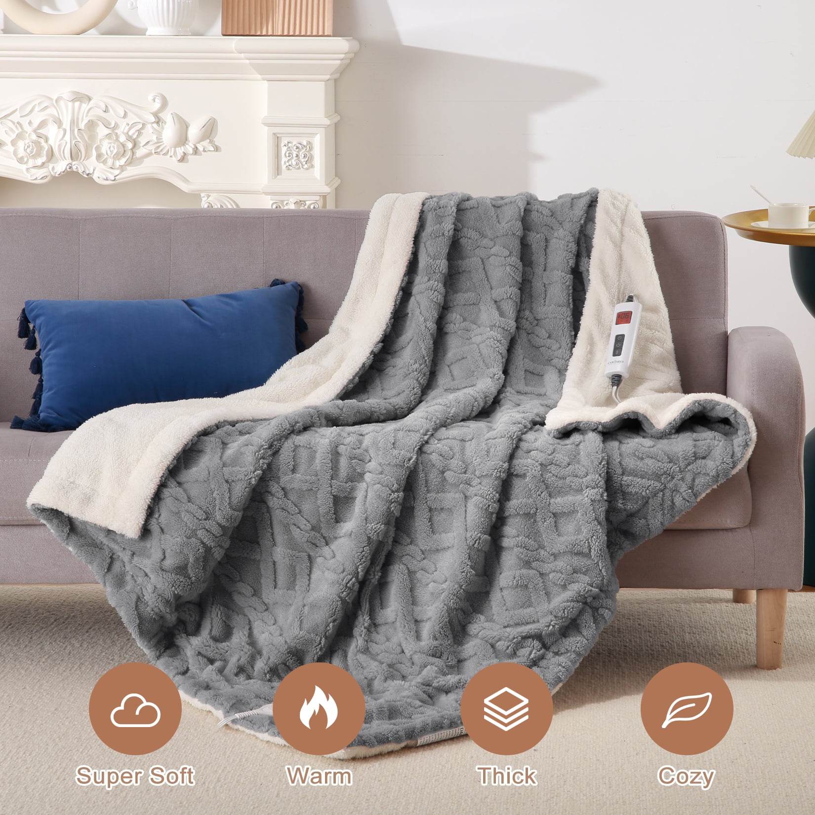 Electric Heated Blanket Throw 50x60, Thick Tufted Electric Blanket Throw  with 6 Heating Levels and 20 Time Settings, Machine Washable, Grey 