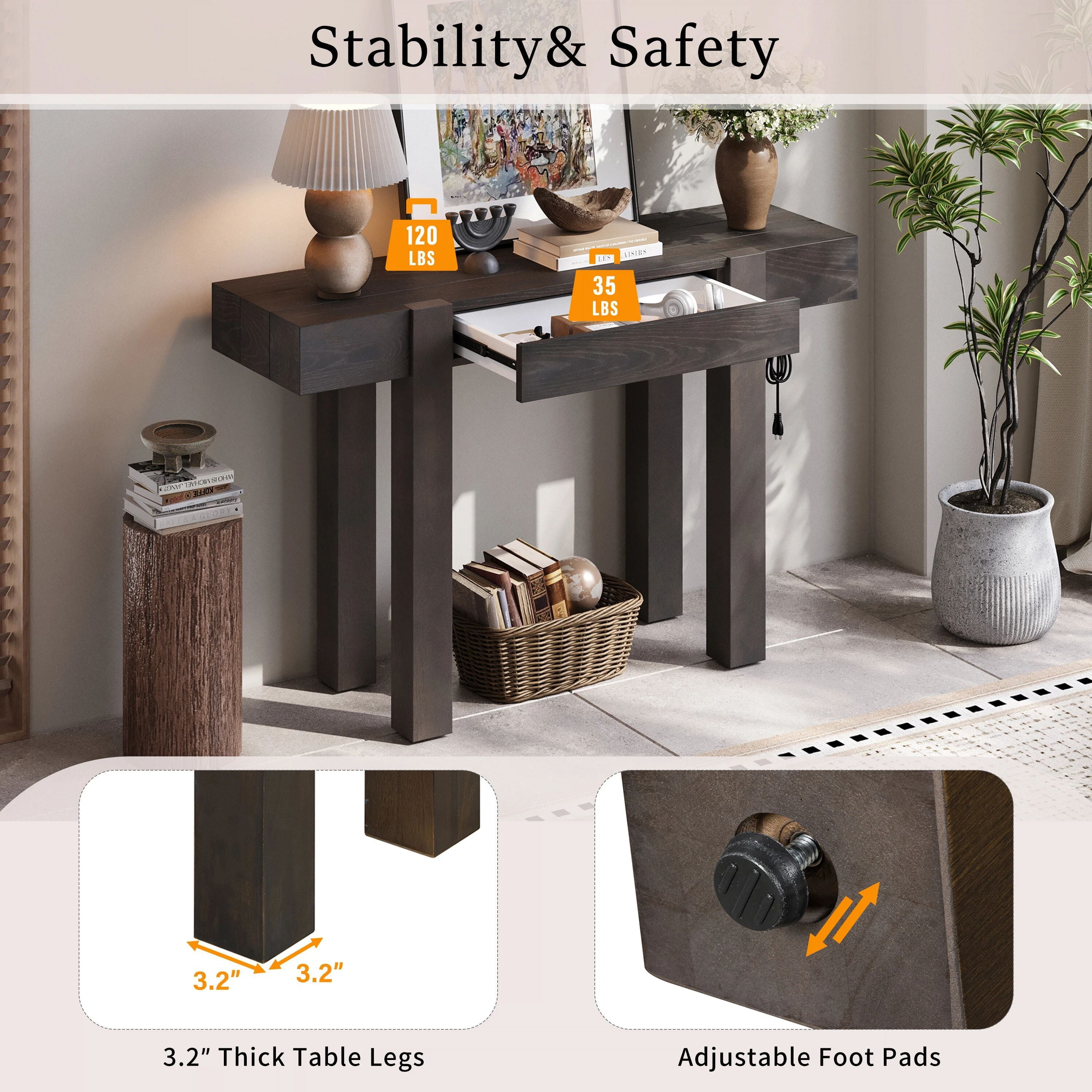 Euroco 47" Rustic Minimalist Console Table with Hidden Drawer & Side Power Outlet, Accent Entryway Table Sofa Table for Hallway Foyer Living Room,Espresso