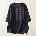 thumbnail image 5 of Women's Cotton Linen Shirts Button Up Half Sleeve Embroidered Trendy Casual Tops Travel Summer Beach Outfits (2XL, Navy), 5 of 7