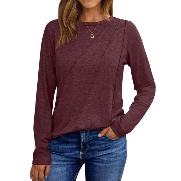 SHINE UP Blouses for Women Pleat Long Sleeve Shirts for Women Crewneck Casual Tunic Tops