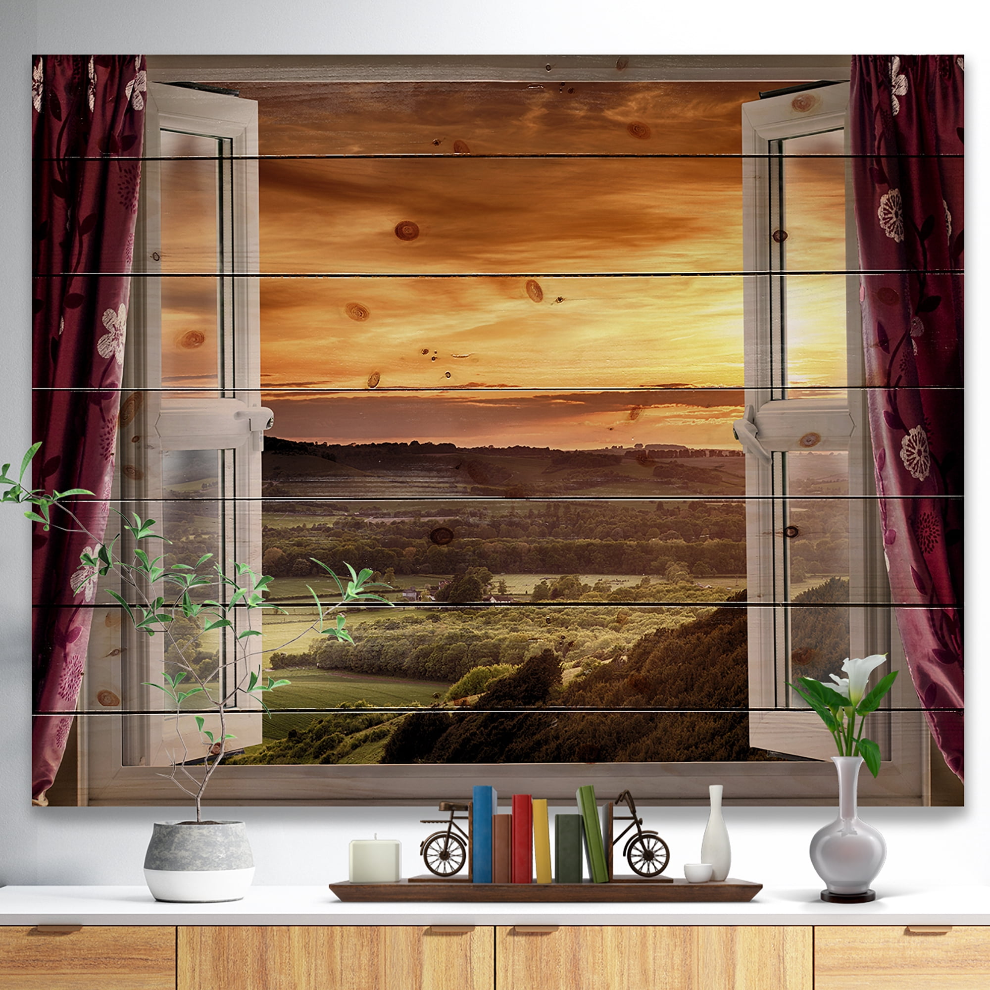 Designart 'Open Window to Rural Sunset Landscape' Contemporary Print on Natural Pine Wood