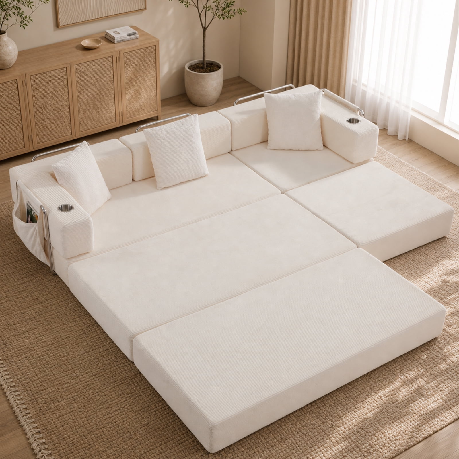 Garitin Sectional Sofa and Modular L Shape Cloud Couch 108 Inch, Boneless Deep Seat Corduroy Living Room Furniture, White