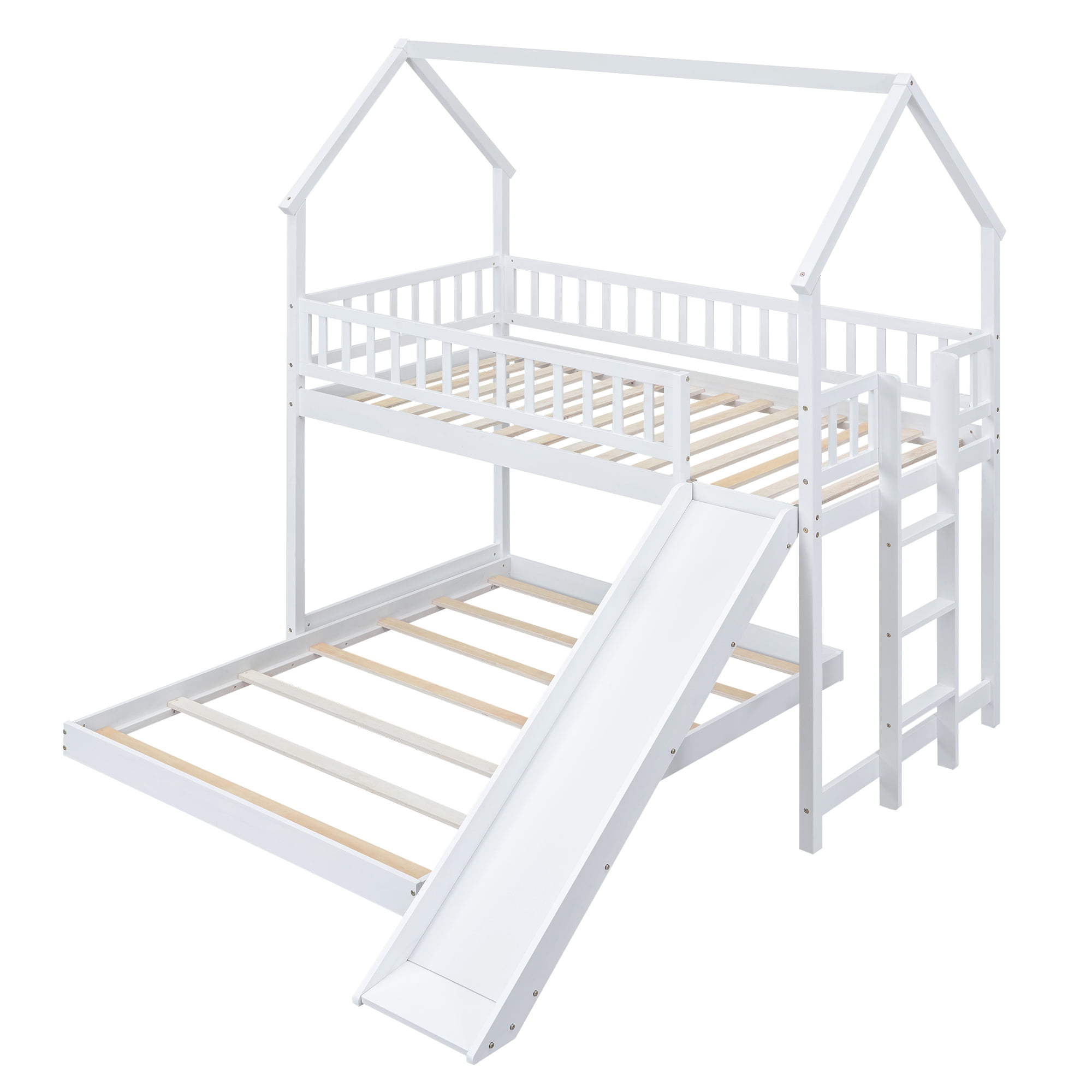 Euroco Wood Twin over Full Bunk Bed, House Bed with Slide for Kids, White