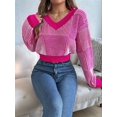 thumbnail image 6 of Women'S Cropped Sweater V-Neck Long Sleeve Crop Sweater Pullover Jumper Knit Top Rose Red M, 6 of 8
