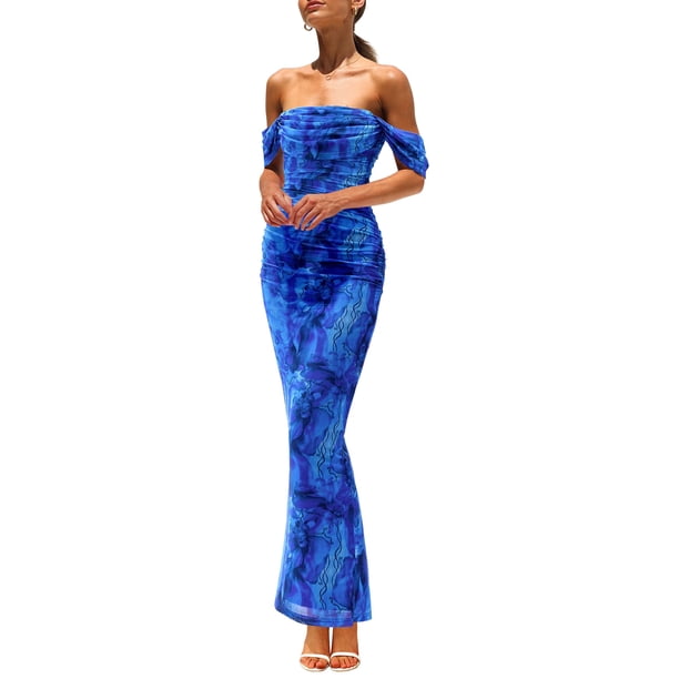 Vestido PRETTYGARDEN 2025 Floral con Hombros Descubiertos y Fruncido Azul Talle S