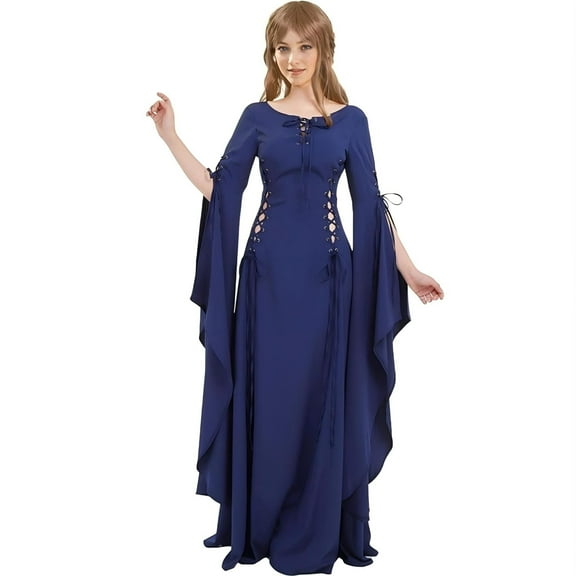 DAIZBELLA Blue Renaissance Dress for Women Medieval Vintage Wedding Dress with Long Trailing Sleeves, S
