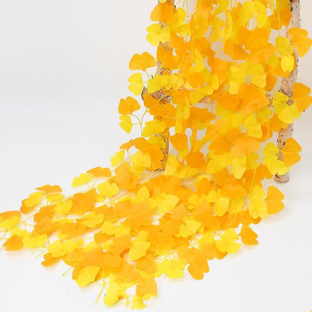 Hojas de ginkgo simuladas, hojas decorativas, hojas falsas, ramas de plástico, flores de seda, hojas de baniano, hojas de ginkgo blancas y amarillas (5 enredaderas de hojas de ginkgo pegadas)