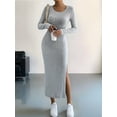 thumbnail image 5 of Women'S Fall Long Sleeve Casual Ribbed Knit Slim Fit Elegant Crew Neck Side Slit Maxi Dresses Light Gray S, 5 of 9