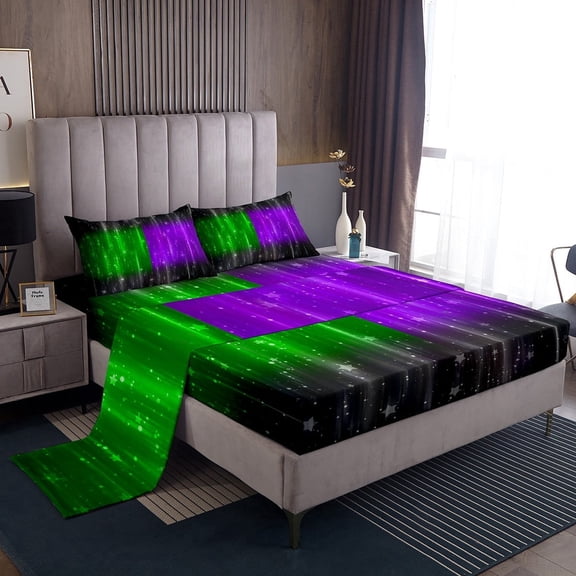Black Green Purple King Size Sheet Sets Abstract Glowing Gradient Sheets for Boys, Aesthetic Ombre Bedding Modern Neon Lights Bed Sheets Set, Psychedelic Stars Fitted Sheet