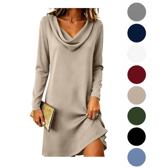 XRoczxe Women’s Solid Cowl Neck Long Sleeve Shift Dress, Casual Loose‑Fit Short Tunic Dress for Daily Wear