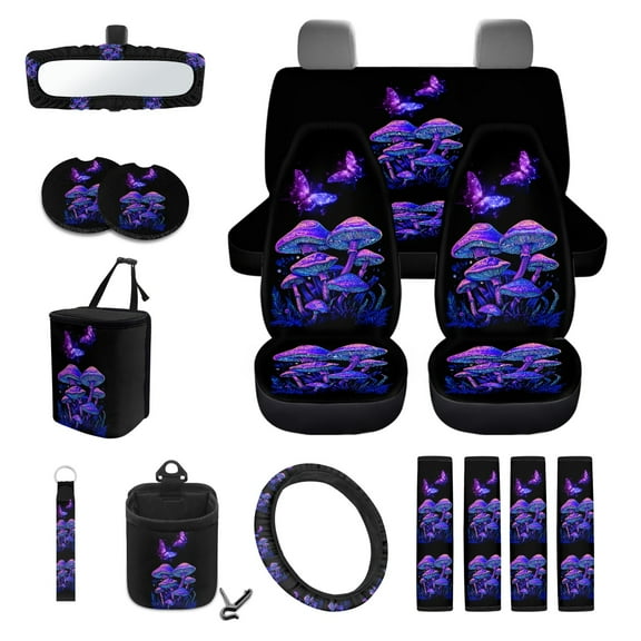 Renewold Mushroom Butterfly 15 PCS Car Seat Cover Full Set, with Steering Wheel Cover Seat Belt Strap Cover Trash Cans Rear View Mirror Cover Cup Coaster Keychain Air Vent Storage Bag Universal Fit