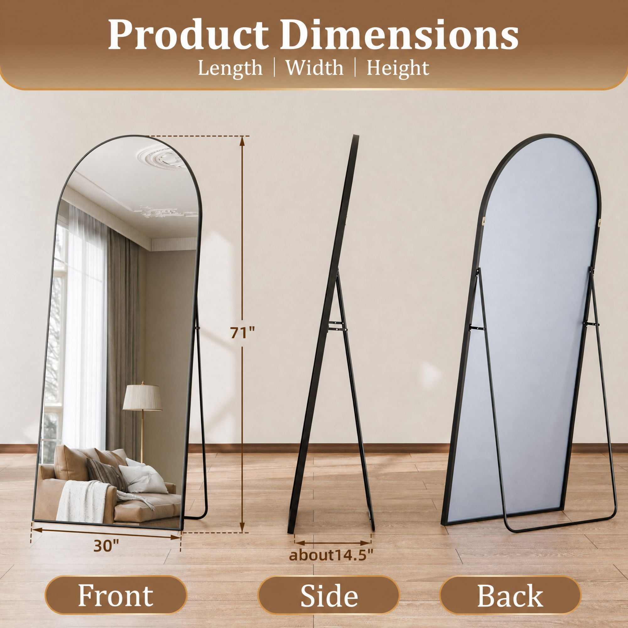 Easy4Home 71"x 30" Arch-Top Oversized Full Length Mirror Metal Frame Freestading Floor Mirror, Black