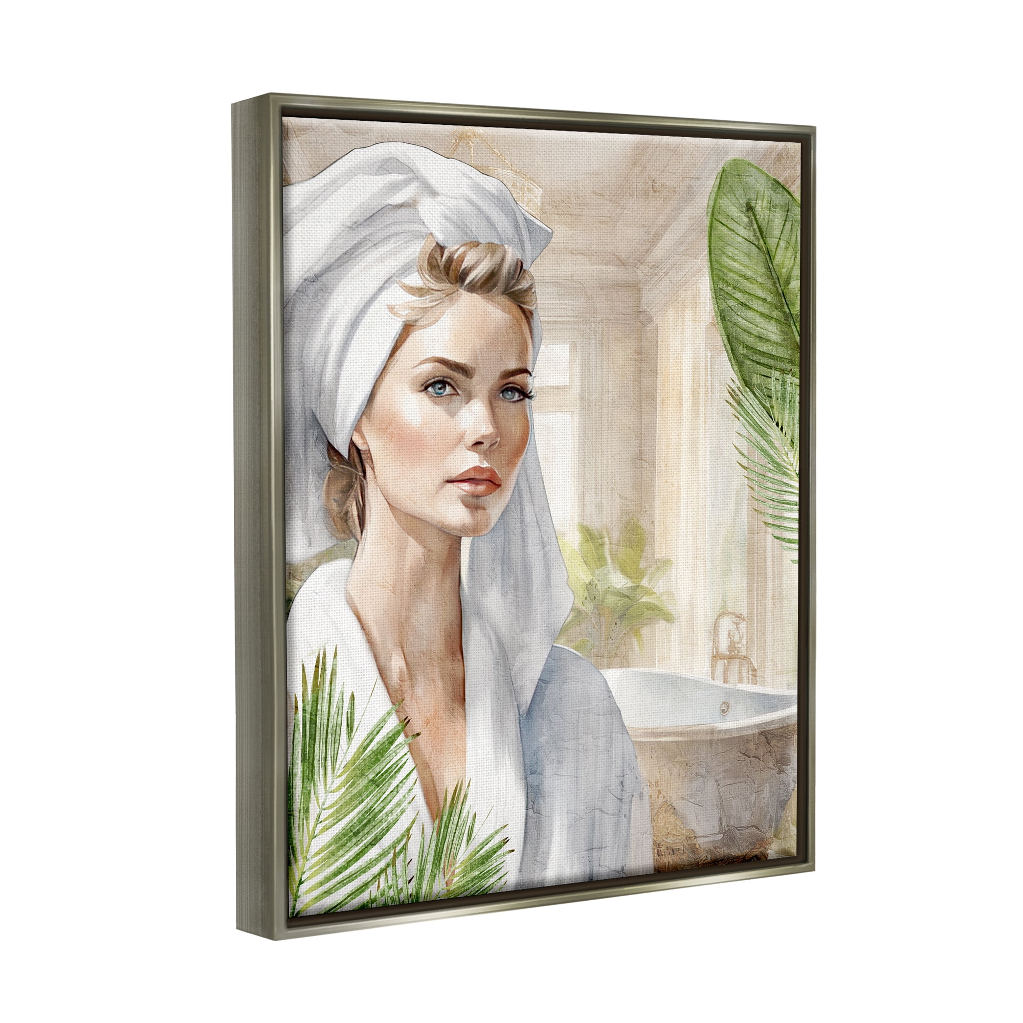 Stupell Industries Fashionista Bathroom Portrait Abstract Painting Gray Floater Framed Canvas Art Print Wall Art, 17 x 21