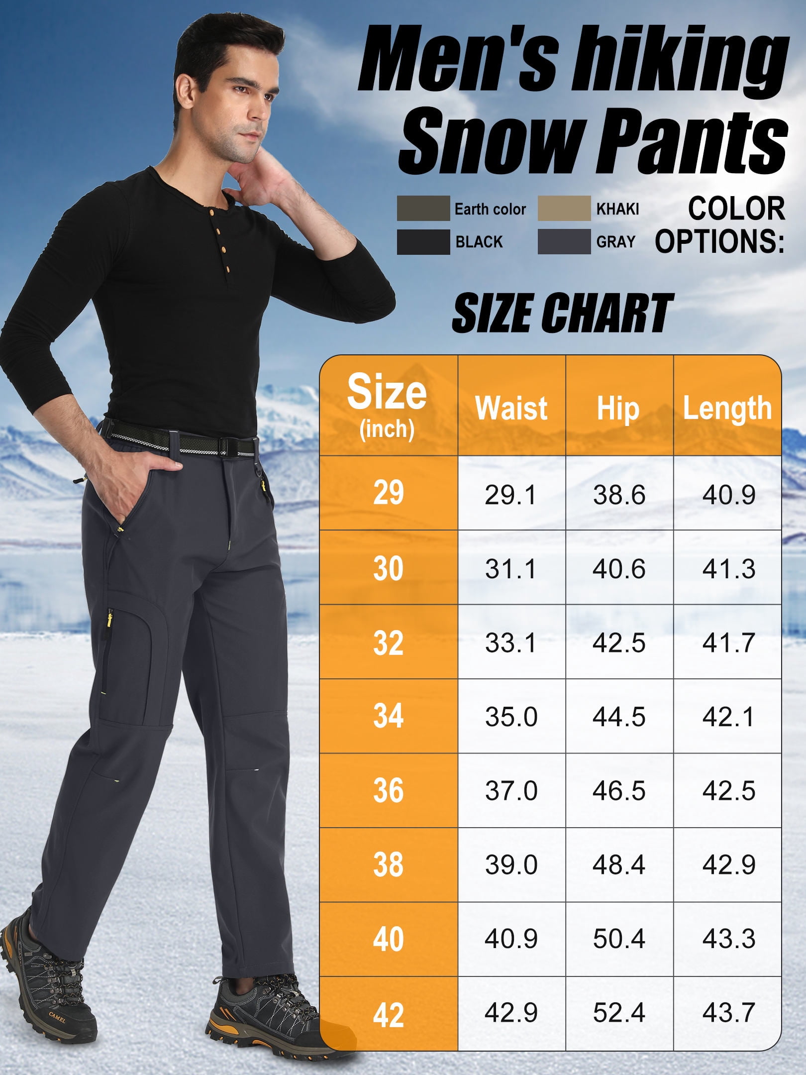 POENTAB Fleece Lined Pants For Men Water Resistant Windproof Ski Snow Pant Winter Thermal Work Trousers with Zipper Pockets Grey 36