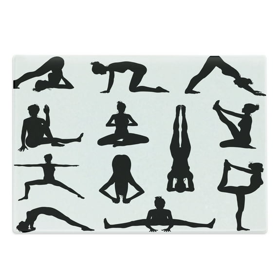 Yoga Cutting Board, Various Yoga and Pilates Pose Silhouettes Asanas Prayanama Form Position Wellness, Decorative Tempered Glass Cutting and Serving Board, Large Size, Black White, by Ambesonne