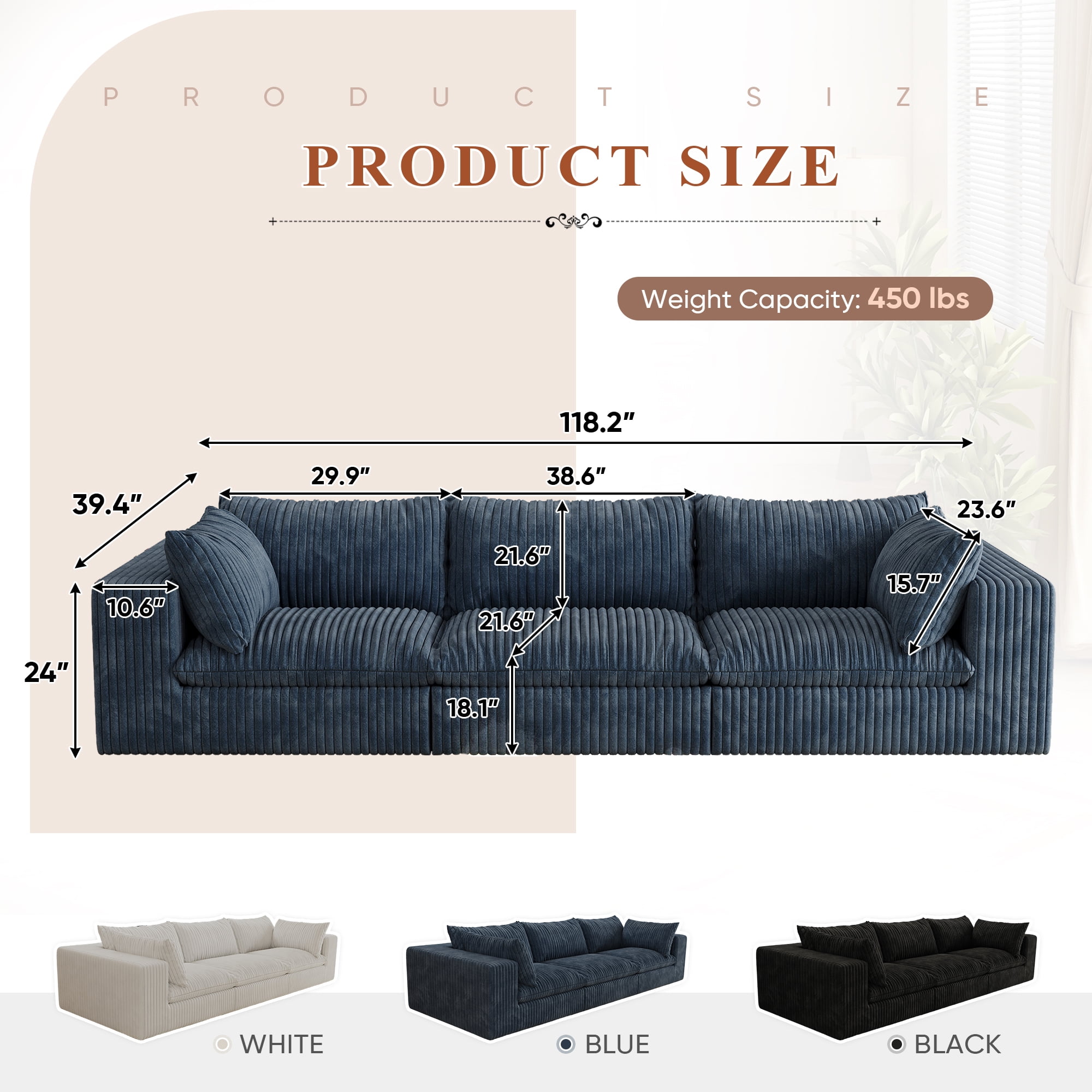 Muumblus 118" Oversized 3-Seater Boneless Sofa, No Assembly Deep Seat Corduroy Cloud Couch, Sleeper Sofa for Living Room, Blue