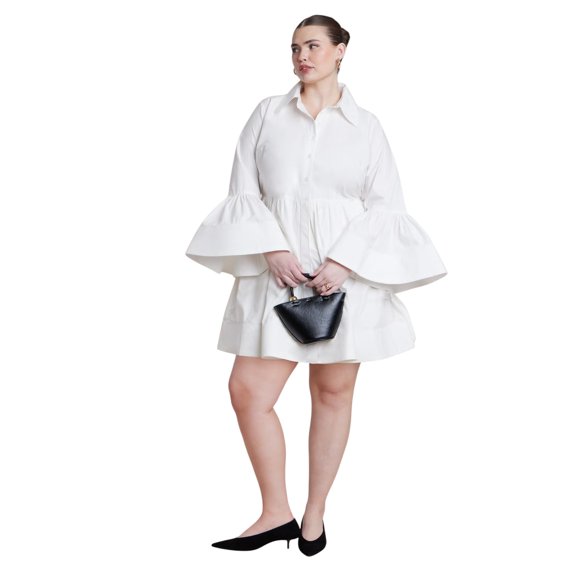 ELOQUII Women's Plus Size Poplin Ruffle Flare Mini Dress