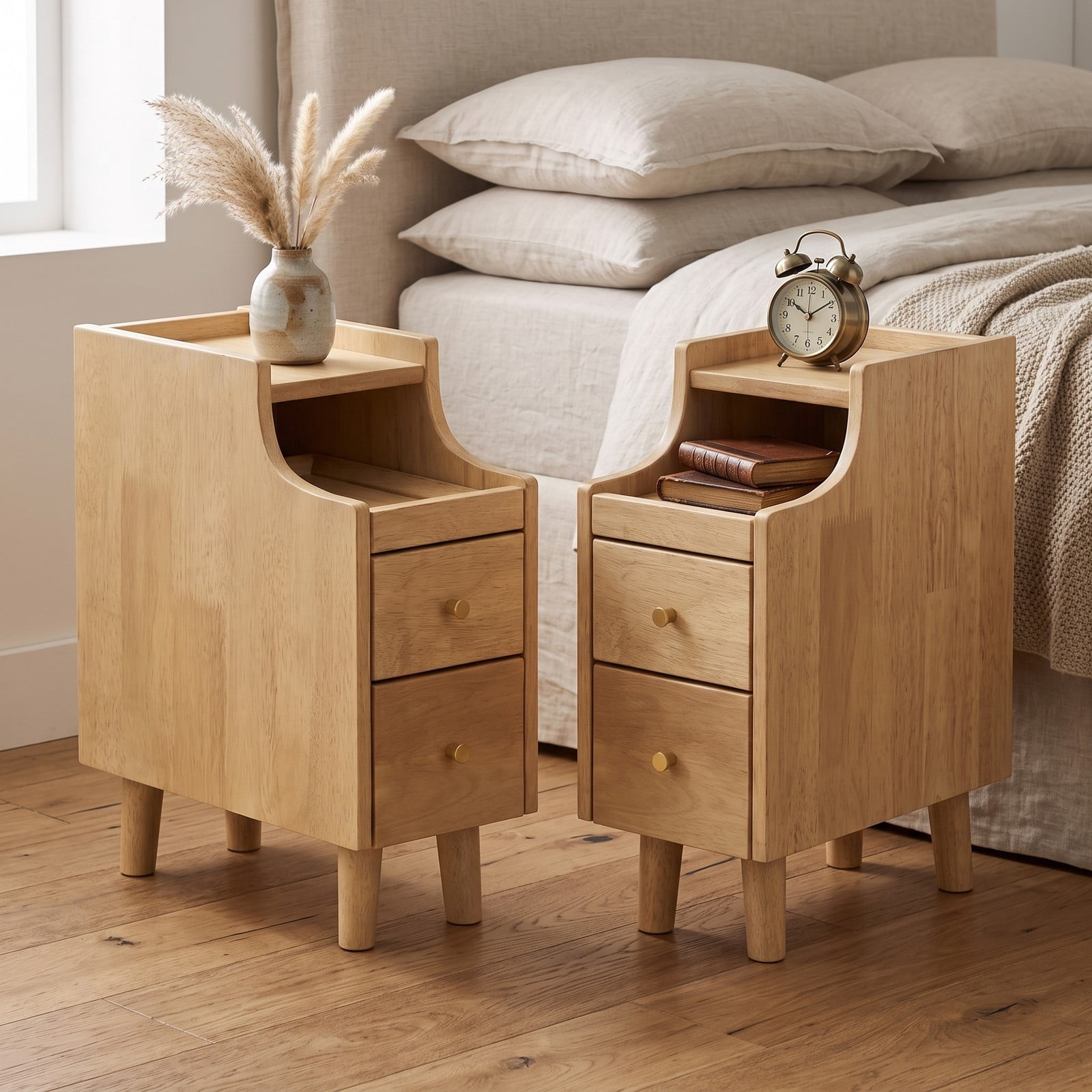 Furnibear Set of 2 Solid Rubber Wood Nightstands with Pull-out Tray and 2 Storage Drawers for Bedroom Living Room and Small Spaces, Natural
