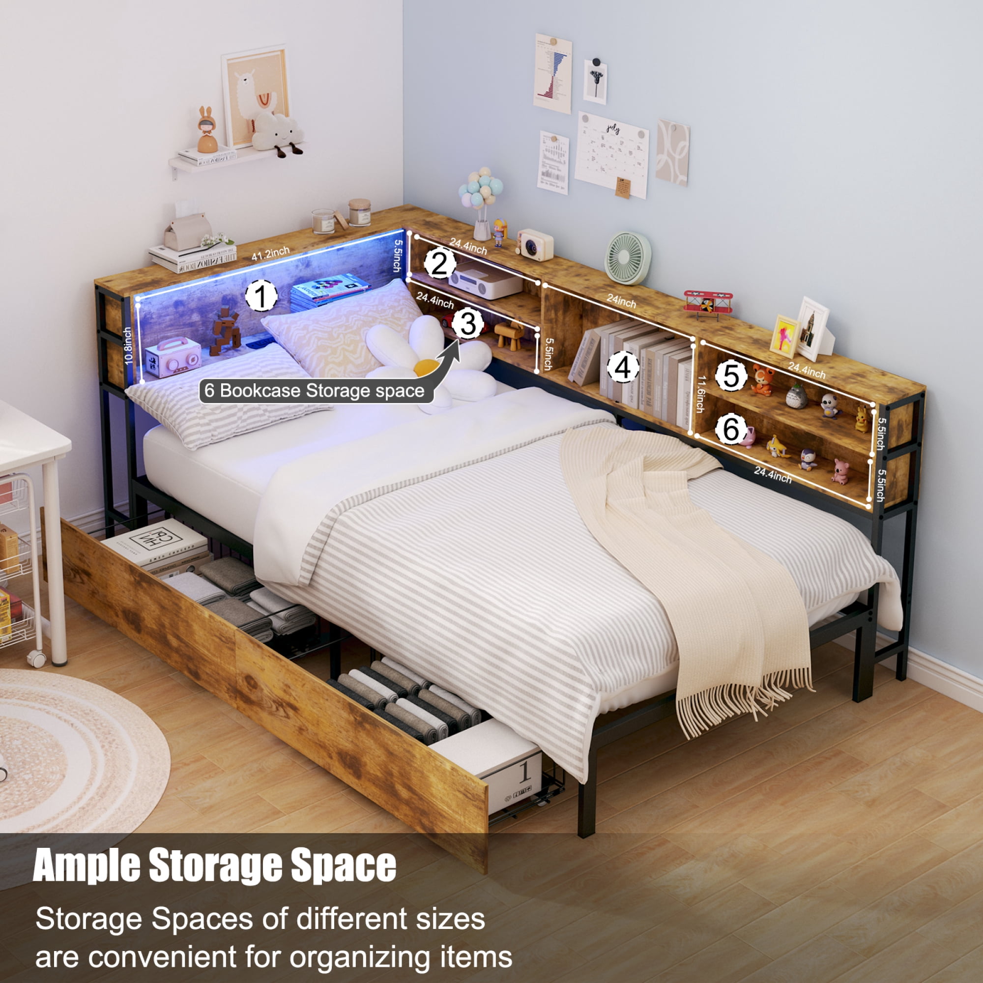 Leumius Corner Twin Bed Frame with Storage Drawers, Bookcase Headboard, LED Lighting & USB Charging Station,Twin Size Daybed for Kids Teens,Brown