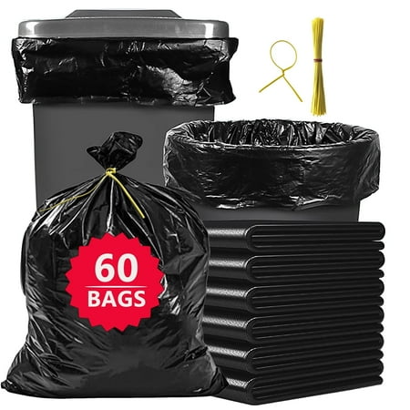 55 gallon trash bags (60 count), black heavy duty outdoor garbage bags, with tying ropes