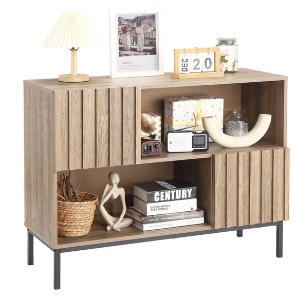 GOGRANT Sideboard Storage Cabinet, Wooden Floor Cabinet with Fluted Doors, Modern Coffee Bar Cabinet, Wood Metal Accent Cabinet for Living Room, Dining Room, Entryway