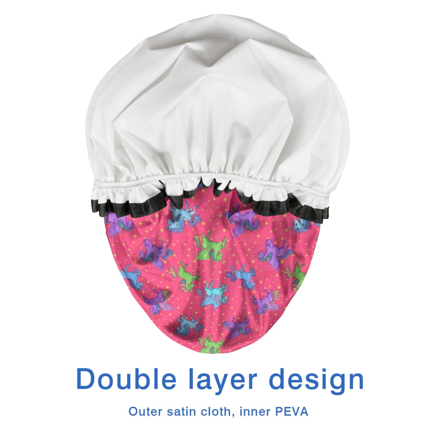 Shower Caps,Red Cartoon Unicorn Pattern Waterproof Shower Cap for Women 4 Pieces,Double Reusable Hair Cover for Shower PEVA Elastic Stretch Hem