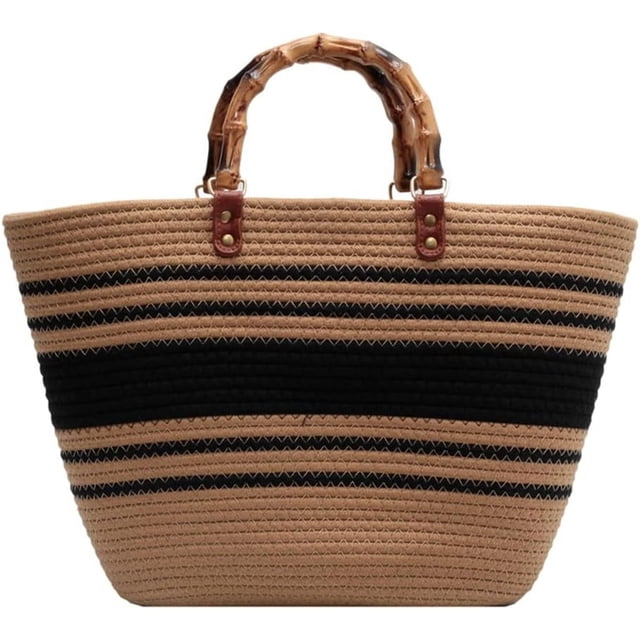 LHSHID Summer Beach Bag for Women Bamboo Handle Handbag Purse Soft Woven Tote Bag Handmade Beach Purse for Vacation