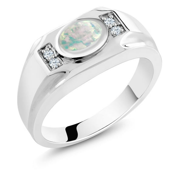 Gem Stone King Men's 925 Sterling Silver White Opal and White Created Sapphire Ring (1.21 Cttw, Gemstone October Birthstone, Oval Cabochon 8X6MM,, Size 8)