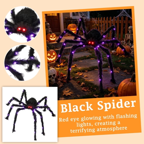 Halloween Giant Spider Decorations Outdoor, 50" Scary Large Halloween Spider Decor with 30 LED Purple Lights, Light Up Spider for Outside Indoor Party Haunted House Props Lawn Yard Decor