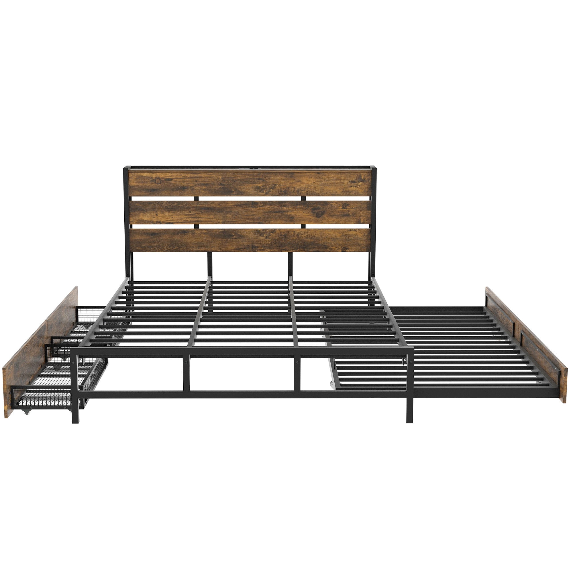 Euroco Wood Metal Queen Size Platform Bed with Functional Headboard, 4 Storage Drawers, Charging Station and USB Ports, Black