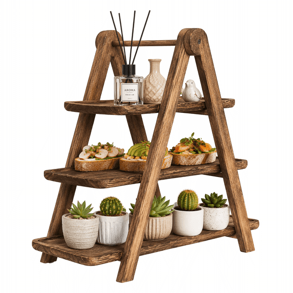 Wood 3 Tier Serving Tray Stand, Collapsible Rectangle Farmhouse Cupcake & Dessert Display, Rustic Brown Party Platter for Charcuterie Snack Appetizer
