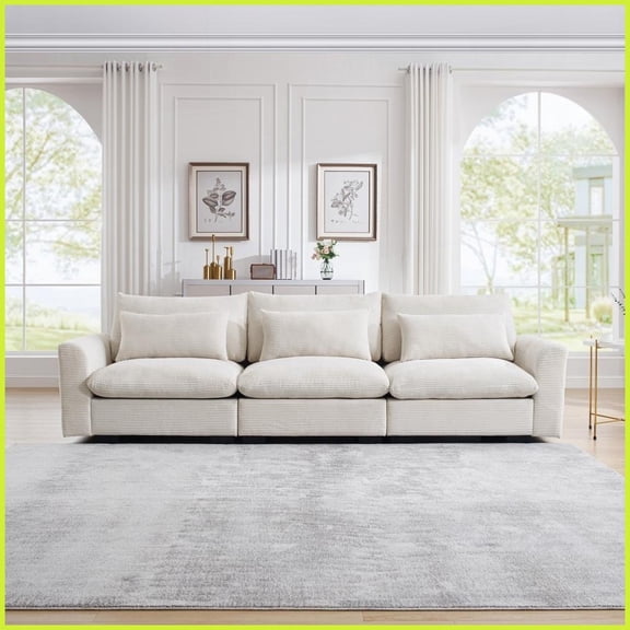 Beige Corduroy 3-Seater Deep Seat Sofa with 3 Waist Pillows - Comfy Modern Couch for Living Room