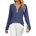 thumbnail image 2 of Camisetas de Larga A Rayas para Mujer, Informales, con Cuello en V, Bloques de Color, Corte Holgado, Básicas. Tiras Azul Marino XXL, 2 of 10