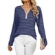 thumbnail image 2 of Camisetas de Larga A Rayas para Mujer, Informales, con Cuello en V, Bloques de Color, Corte Holgado, Básicas. Tiras Azul Marino S, 2 of 10
