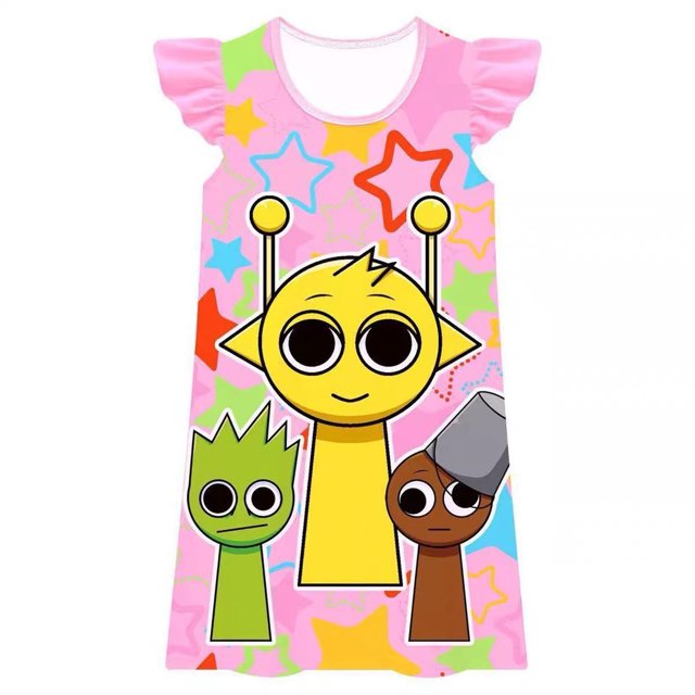 XDZJLR Robe pour Filles Enfants Sprunki Musique Imprimé Original Manches à Volants Tenue Quotidienne Jaune 7-8 Ans