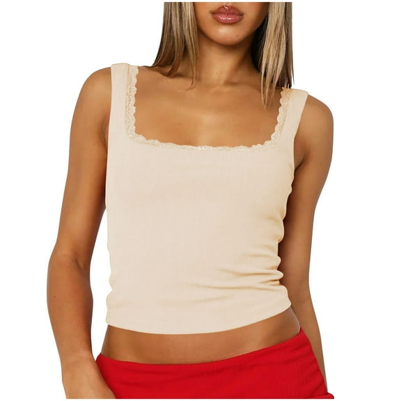 Mittory Womens Square Neck Lace Tank Tops Double Lined Sleeveless Cute Going Out Tops
