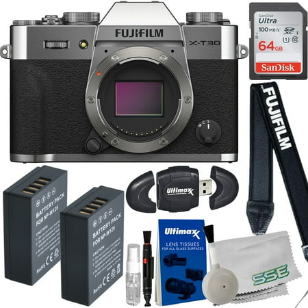 FUJIFILM X-T30 II Mirrorless Camera (Silver - Body Only) with Starter Accessory Bundle: SanDisk 64GB Ultra SDXC Memory Card, 2x Replacement Batteries & More (15pc Bundle)