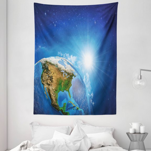 Earth Tapestry, United States View in Space Rising Sun Over The Earth and Its Landforms, Wall Hanging for Bedroom Living Room Dorm Decor, 60W X 80L Inches, Blue Green Pale Brown, by Ambesonne