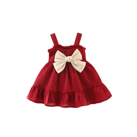 

aturustex Infant Baby Girls Princess Dress 9M 12M 18M 24M Cute Bowknot Patchwork Sleeveless Sling Ruffles Hem Dress Summer Zipper Back Sweet Dress