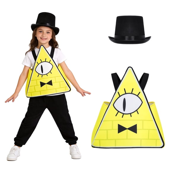 Yellow Triangle Eye Costume Set with Black Top Hat, Mystery Cosplay Outfit for Halloween Party Events