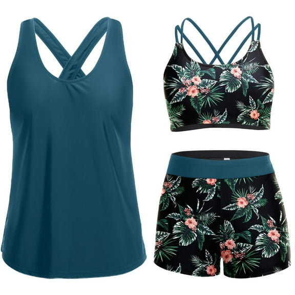 Holipick 3 Piece Tankini Swimsuits for Women Tummy Control Bathing Suits Swim Tank Top with Bra Boy Shorts Teen Swimwear