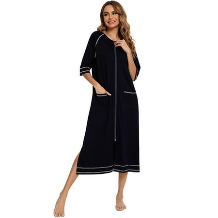 

Women s Pajamas Round Neck Nightgown Short-sleeved Zipper Pajamas Large Size Casual Nightdress Black 2XL