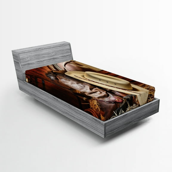 Ambesonne Western Fitted Sheet, America Retro Rodeo, Twin Size, Brown Beige