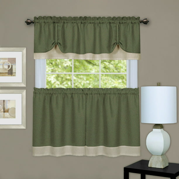 Shabby Farmhouse Flax Linen Kitchen Curtain Tier & Valance Set - Sage