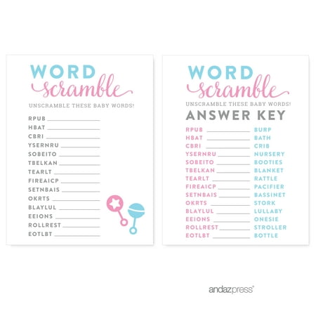 Word Scramble  Team Pink/Blue Gender Reveal Baby Shower Games ,