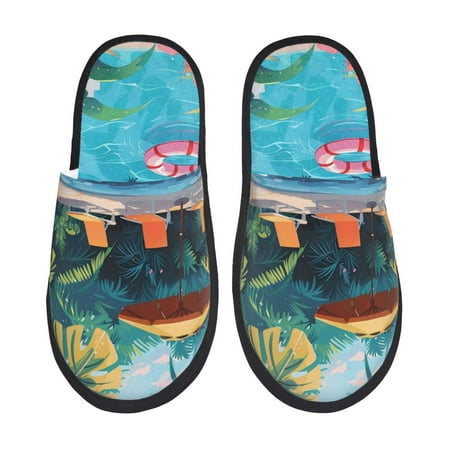 

Fuzoiu Tropical Poolside Relaxation Print Unisex Furry Slippers Plush Indoor Shoes Trendy House Slippers Anti-Skid EVA Sole House Shoes for Home Office and Travel -Large