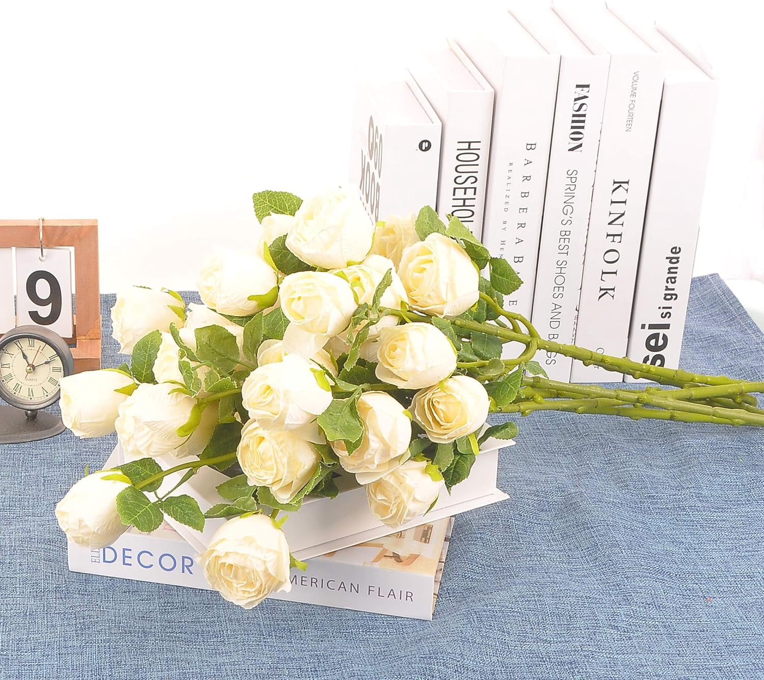 Dried Flower Artificial Rose 6pcs 24 Inch Long Stem Silk Rose with 5 Flowers for Wedding DIY Bridal Bouquet Home Decor Centerpiece Arrangement(White)