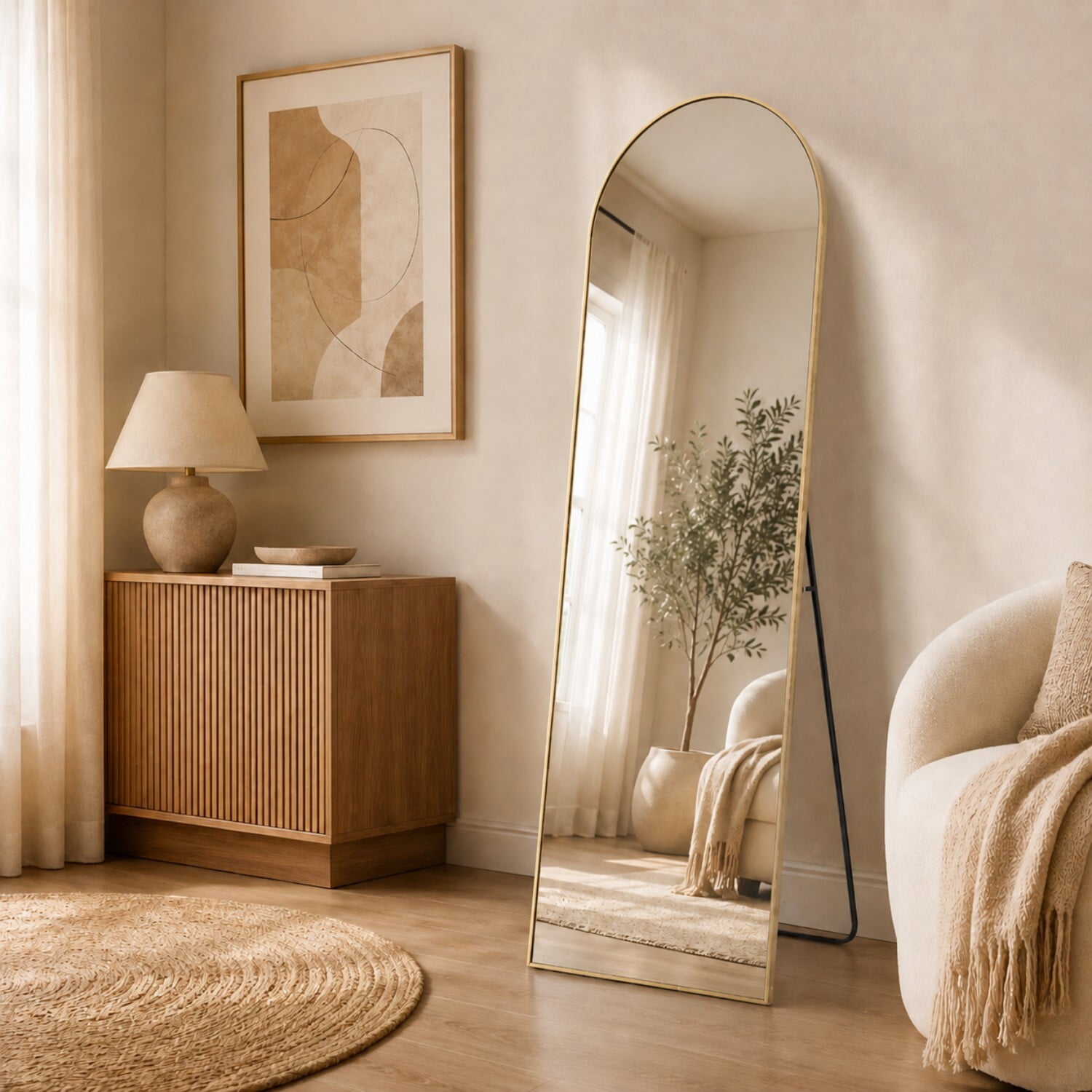 Easy4Home 56"x15" Full Length Mirror Arched Freestanding Floor Mirror with Metal Frame, Gold