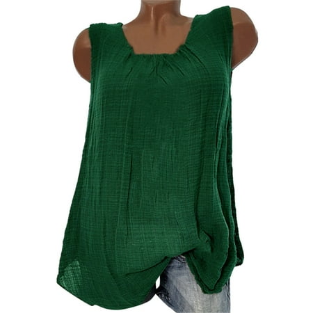 Moxiu Gauze Tank Tops Women Long Flowy Summer Top Cute Pleated Crewneck Tunic Basic Casual Linen Shirts Beach Blouse Green XXL
