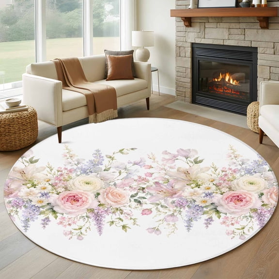Pink Spring Floral 6ft Round Rugs, Vintage Elegant Flowers Pastoral Washable Non-Slip Area Rugs for Living Room Bedroom Kitchen, Soft Low Pile Dining Room Kicthen Circle Carpet, Indoor Floor Rug